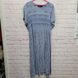 VTG Naqui New‎ York Blue Embroidered Boho Midi Dress 3X Cottage Peasant Prairie